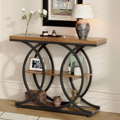 Image de Table console 105x30 cm, 3 niveaux, couleur marron, style industriel avec base ronde
