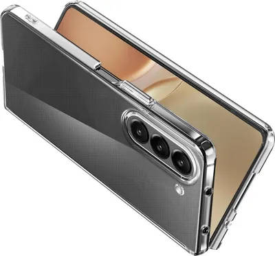 A clear protective case for a smartphone, showing the back and side of the phone with its camera array.