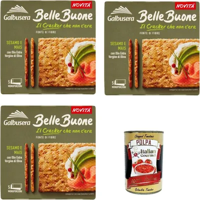 Produktbild von Galbusera BelleBuone Cracker Sesamo e Mais con Olio Extra Vergine di Oliva, Cracker Sesam und Mais mit extra extra nativ virgin Öl Olivenöl 3x 200g + Italian Gourmet polpa 400g
