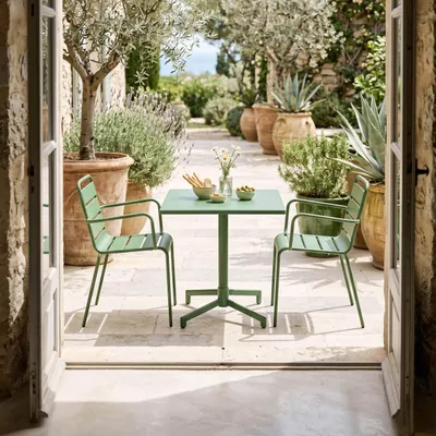 Immagine prodotto di Set di tavolo da 70 cm e 2 sedie da giardino in metallo verde cactus - Oviala Palavas
