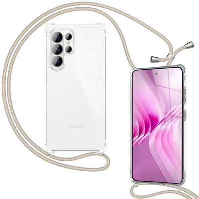 Zdjęcie produktu dla Naszyjnik na telefon NALIA do Samsunga Galaxy S26 Ultra – przezroczyste etui hybrydowe z paskiem – zapobiegający żółknięciu i regulowany – marka z Berlina – kolor piaskowy
