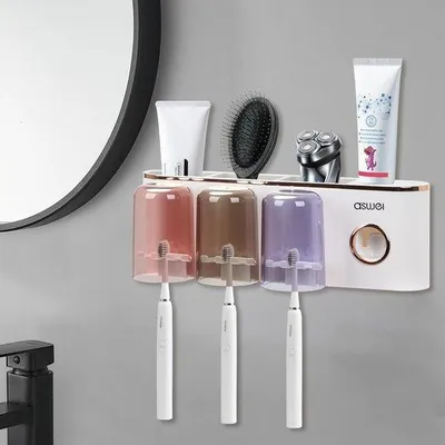 Immagine prodotto di Distributore di dentifricio da parete con portaspazzolini a 3 teste, alloggiamento per 4 spazzolini, a prova di bambino, 2/3/4 teste, bianco-oro