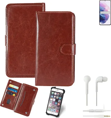 Produktbild von K-S-Trade 360° Hülle kompatibel mit Samsung Galaxy S21+ 5G SD888 inkl. Headphones braun Kunstleder Case BookCase WalletCase Kunstlederederhülle