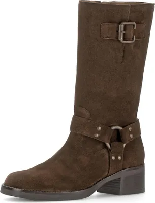 A single brown suede boot with buckle and strap details, presented against a white background.
