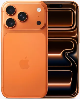 A product shot of an orange iPhone 17 Pro with a close-up of its camera array and a stylized representation of its screen.