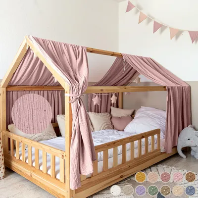Produktbild von Musselin Hausbett Himmel für Kinderzimmer mit Gold Applikation