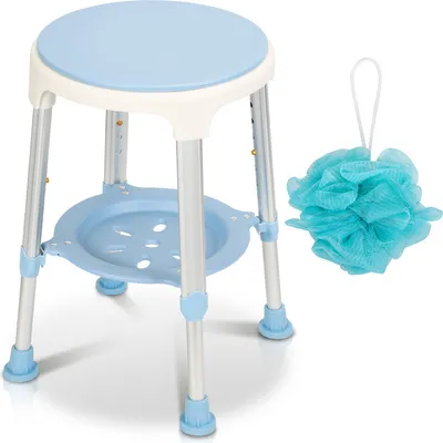 A blue and white adjustable shower stool and a blue bath pouf on a white background.