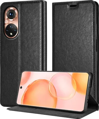 A black flip case for a smartphone is shown, with the phone inside displaying a colorful wallpaper.