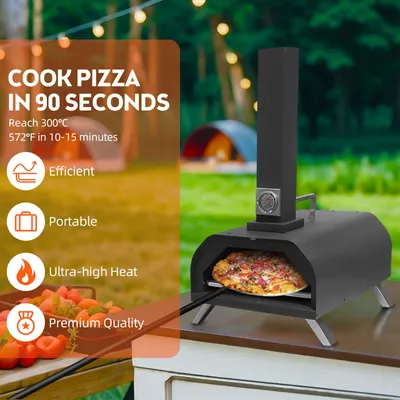 Obrázek produktu pro Venkovní pec na pizzu na dřevo Přenosná pec na pizzu z nerezové oceli na dřevěné pelety s vestavěným teploměrem pro kempování venku na dvorku v kuchyni