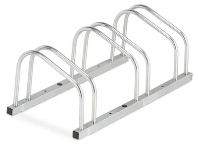 Produktbild von Relaxdays Fahrradständer Boden, für 3 Fahrräder, bis 50 mm Reifenbreite, Metall, Garage, Fahrrad-Aufstellständer, silber
