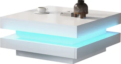 Image de Table basse carrée blanche brillante avec plateau pivotant - Style techno moderne avec éclairage LED 16 couleurs, 70 x 70 x 36 cm