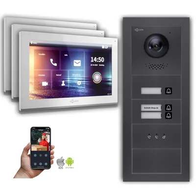Produktbild von Goliath IP Video Türsprechanlage: 10-Zoll 3 Familienhaus, Anzeige, Anthrazit  : 10 Zoll Weiß : 4er POE : Unterputzdose Anschluss: 4er POE Monitor Farbe: 10 Zoll Weiß Montage: Unterputzdose
