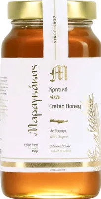 Produktbild von Kretischer Thymianhonig 950g im Glas aus Kreta von Maragkakis Family. Reichhaltiger Geschmack, weiche Textur. Honig vom Imker in 4. Generation