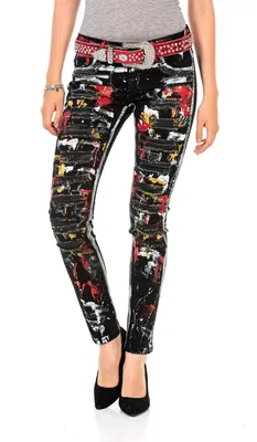 Produktbild von WD463 Damen Slim-Fit-Jeans im trendigen Handpaint-Design