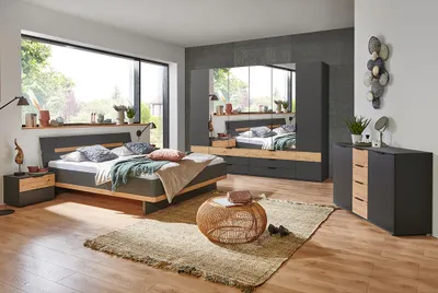 Produktbild von Schlafzimmer Komplett Set GRANADA-43 mit Bett 180x200cm und 6-trg. Kleiderschrank in graphit mit Artisan Eiche Nb.