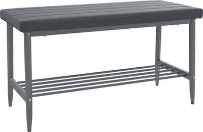 A studio shot of a gray bench with a slatted shelf underneath.