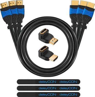 Produktbild von deleyCON HDMI Set - 3x 0,5m HDMI Kabel + 2x HDMI Winkel Adapter (90° + 270° Grad) + 3x Klett-Kabelbinder + Microfaser Reinigungstuch