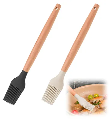 Productafbeelding van Siliconen kwastjes voor de keuken, bakkwastjes met bamboehandvat, 2 stuks – Hittebestendige bakkwastjes voor grillen, bakken en koken, siliconenkwastjes zonder geur, 24 cm lang handvat, 3,5 cm breed.