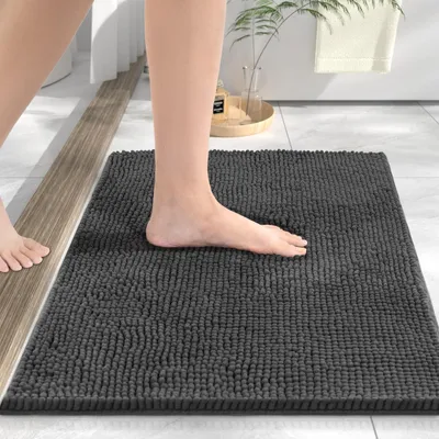 Image de Tapis de bain en chenille, 80 x 50 cm, antidérapant, ultra-absorbant, lavable, adapté à la douche et à la baignoire, gris foncé