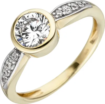Produktbild von Ring mit weißen Zirkonia Solitär runde Fassung 375 Gold Gelbgold Fingerschmuck Innenumfang 58mm  Ø18.5mm
