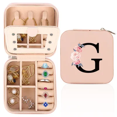 Imagen del producto de Caja de joyería de viaje con espejo, personalizable, portátil, con compartimentos organizados de la A a la Z, ideal para guardar joyas