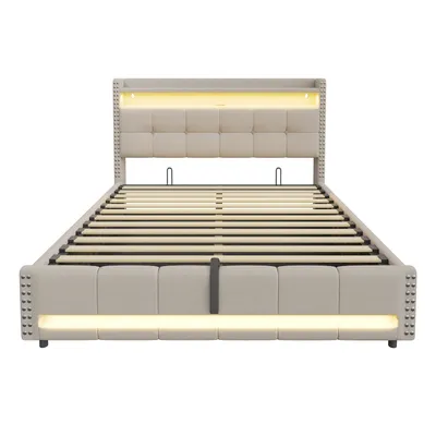 Produktbild von Flieks Polsterbett 180x200cm mit Ladefunktion (USB & Steckdose), Stauraumbett Boxspringbett mit Strauraum, Jugendbett Doppelbett mit LED, Leinen Beige