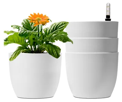 Produktbild von 15 cm Selbstbewässernder Blumentopf mit Wasseranzeiger, Weiß, 4er-Set für Innen- und Außenbereich