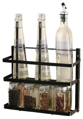 Image de Étagère à épices, rangement pour épices, rangement de cuisine, fixation murale, à deux niveaux, pliable, noir