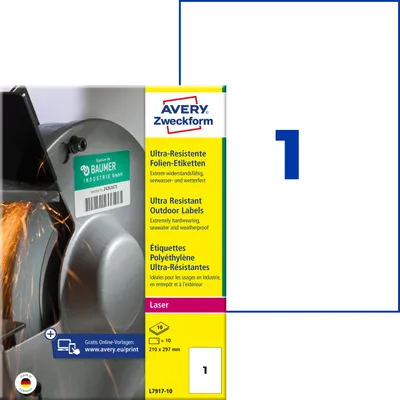 Produktbild von Avery Zweckform L7917-10, Ultra-Resistente Folien-Etiketten, A4, 210 x 297 mm, 10 Etiketten / 10 Bögen, weiß