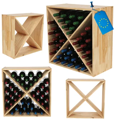 Produktbild von MODO24 X-Weinregal 40 Flaschen, Flaschenregal, Weinschrank, Getränkeregal, Kellerregal, Stapelbar, Massivholz, 60x60x30 cm, Natur, RW61