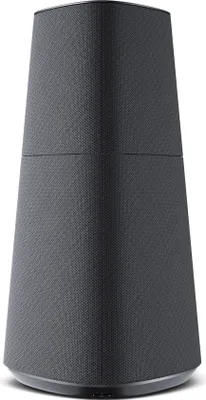 A dark gray, conical speaker is shown against a white background.