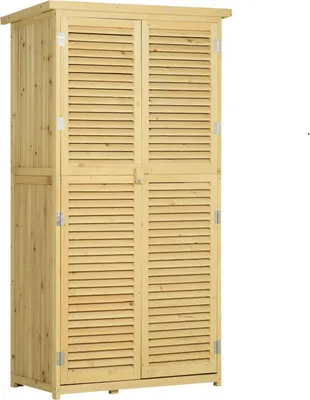 Produktbild von Geräteschuppen Holz Gerätehaus Mit Asphaltdach, Lamellentür, 4 Fächer, Natur, 87X46,5X160Cm