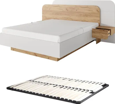 Produktbild von Bett mit Nachttischen 160 x 200 cm - Mit LED-Beleuchtung - Natur und weiß + Rahmen - DESADO