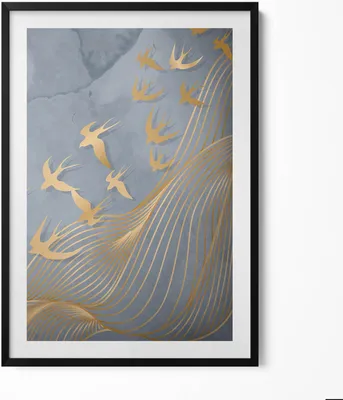 Produktbild von Illustration von fliegenden Vögeln– Wandbild mit Rahmen – Gerahmtes Bild  – Wanddekoration – 70x100 cm –  Schwarz Rahmen