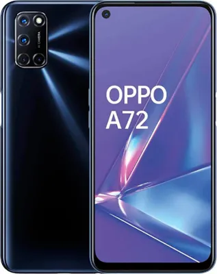 A black Oppo A72 smartphone is shown from the front and back.