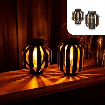 Image de Éclairage de jardin à énergie solaire noir/doré, lot de 2 lanternes - Éclairage LED d'extérieur
