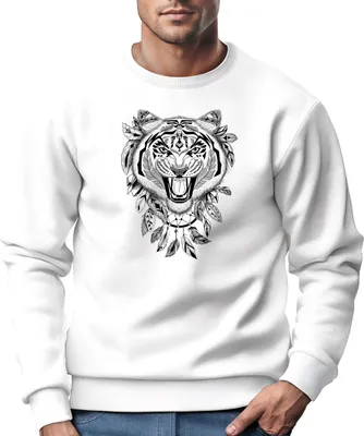 Produktbild von Sweatshirt Herren Tiger Boho Zentangle Bohamian Atzec Federn Traumfänger Rundhals-Pullover Neverless® weiß M