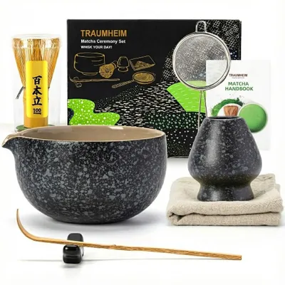Produktbild von Matcha Set, 7-tlg. Komplettset, Matcha Schale mit Ausgießer, Bambus Besen, Zubehör für Matcha Zeremonie, Naturmaterialien, Geschenkidee