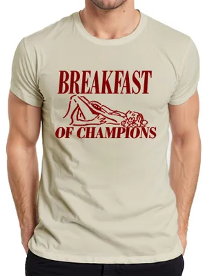 Productafbeelding van Ontbijt van Kampioenen. Grappig, dubbelzinnig, humor. Geschikt voor volwassenen. Heren T-shirt, natuur, maat S