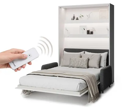 Produktbild von MEBLINI Elektrisches Schrankbett Bed Concept - Wandbett mit Lattenrost, Sofa und Kopfteil - Wandklappbett - BC-36 - 140x200cm Vertikal - Weiß Hochglanz - Sofa und Kopfteil Dunkelgrau ohne Matratze