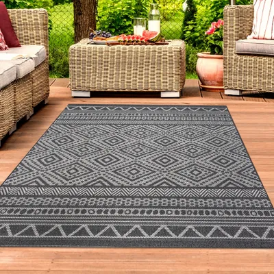 Image de Tapis moderne d'intérieur et d'extérieur aux motifs géométriques, couleur anthracite et crème - Dimensions : 200 x 280 cm