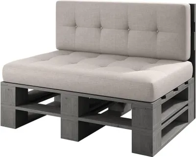 A single bench made from wooden pallets with beige cushions.