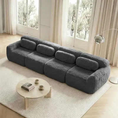 Produktbild von MODFU 4-Sitzer Ecksofa,Modulares Sofa mit Geschwungene,ohhne Ottoman,Relaxsofa mit Rutschfester Boden & Kissen,Plüschstoff,Grau
