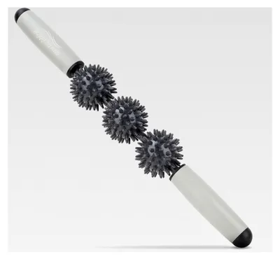 Produktbild von Igelball Massageroller mit Griff, 40 cm Faszienstab mit 3 Bällen, Massagerolle für Beine, Nacken, Rücken und Schultern (Grau)
