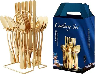 Obrázek produktu pro Sada příborů Unyqoos® – 24 kusů, zlatá barva, pro 6 osob – nerezový příbor s leštěným povrchem (6 nožů na maso, 6 vidliček, 6 polévkových lžic, 6 čajových lžiček) s držákem na příbory, vhodná do myčky