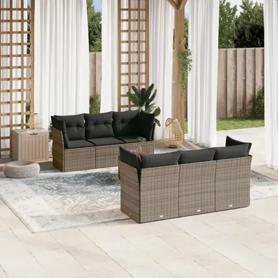 Produktbild von Design 7-tlg. Garten-Sofagarnitur mit Kissen Grau Poly Rattan, Gartenmöbel-Sets 2024 Neu