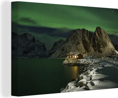 Produktbild von MuchoWow® - Leinwandbilder - Nordlichter auf den Lofoten, Wandbild, Wanddeko Bilder Wohnzimmer, 90x60 cm