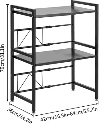 Immagine prodotto di Ripiano per microonde - Portaoggetti a 3 livelli per piano di lavoro della cucina - Estensibile e regolabile in altezza - Acciaio inossidabile resistente - Con 6 ganci rimovibili - Nero