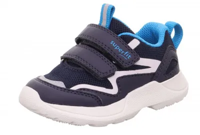 A single blue and white child's shoe with velcro straps is shown against a white background.