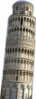 The Leaning Tower of Pisa is shown from a low angle, with its distinctive tilt prominently displayed.